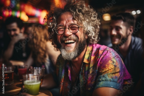 Man with curly gray hair and round glasses, his face breaking into an exuberant smile that is as contagious as it is genuine. Generative AI © Panny studio