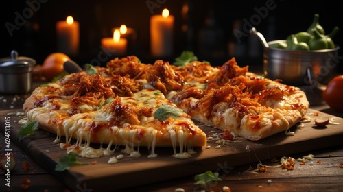  a pizza sitting on top of a cutting board next to a pot of tomatoes and a can of ketchup.