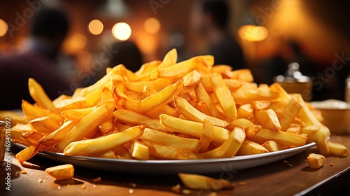  a plate of french fries sitting on a table next to a glass of water and a cup of coffee on a table.