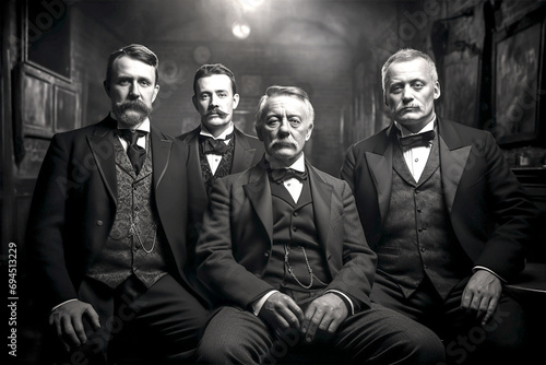 Group of successful business people early 1900th. Vintage photo, history, documentary concept  photo