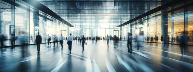 Motion blur of walking people silhouettes a big glass lobby with beautiful morning sun lights reflection. Office skyscraper entrance hall