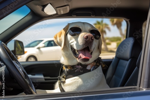 Spacious Labrador retriever car. Cute canine head. Generate Ai © juliars