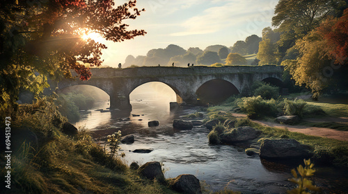 Old medieval stone bridge and Highlands river, English rural landscape