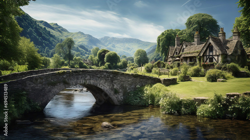 Old medieval stone bridge and Highlands river, English rural landscape