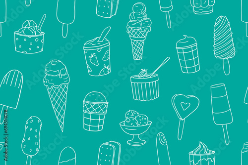 Seamless pattern of delicious ice cream. Ice cream cones, ice cream bars on sticks,  ice cream in a waffle cup. Great for summer dessert menu design, print, web, advertising. Doodle style