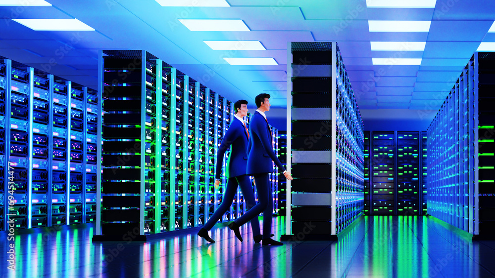 Modern server room, corridor in data centre with Supercomputer racks and businessman monitoring working process. 3D rendering illustration - obrazy, fototapety, plakaty 