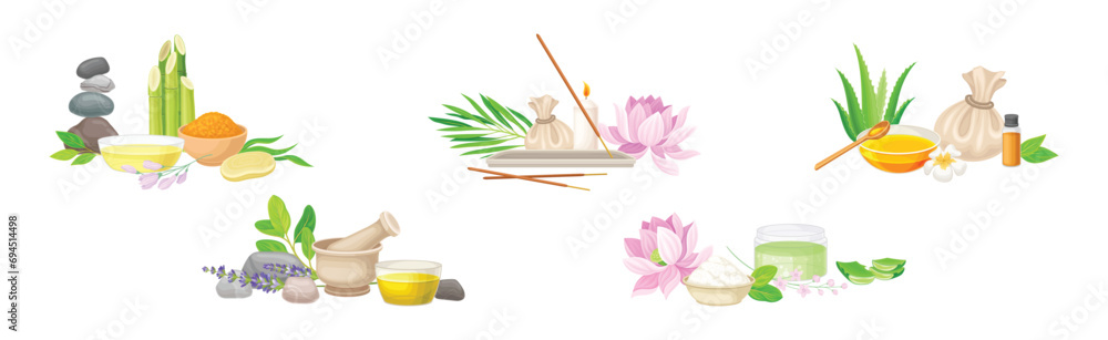 Spa and Aromatherapy Object for Body Relaxation Vector Set Spa and Aromatherapy Object for Body Relaxation Vector Set