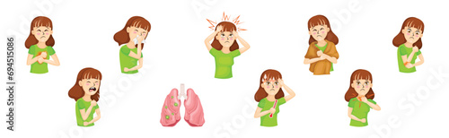 Young Woman Suffering from Coronavirus Symptoms Vector Set