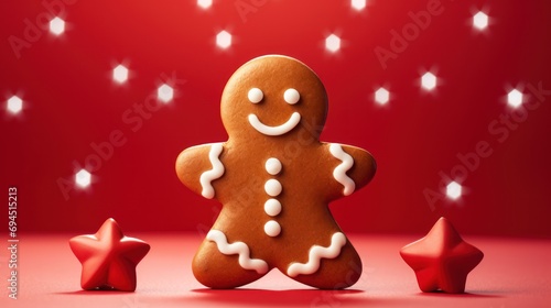  a close up of a ginger with a smile on it's face and two red stars in front of a red background.