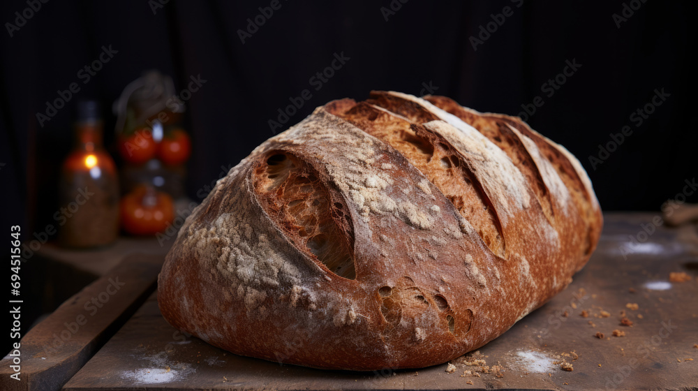 Crispy homemade bread on black background. Hand made loaf of bread in a sunny atmosphere. Home bakery.