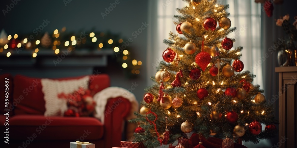 Christmas tree with red and gold decorations in the loft interior, close-up focus.