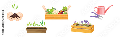 Garden and Horticulture with Hand and Pot with Plant Vector Set