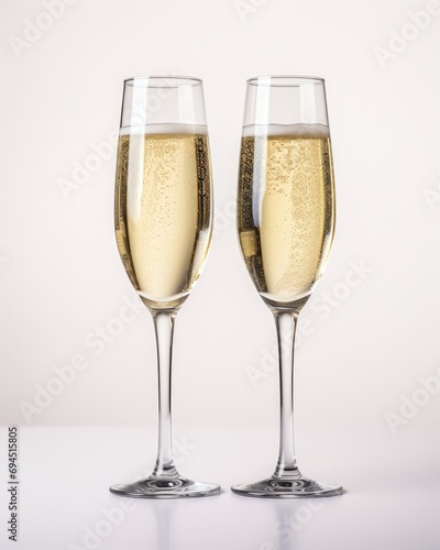 Isolated Champagne Glasses for Christmas Cheers! Two Glasses of White Wine Alcohol on a Neutral Background