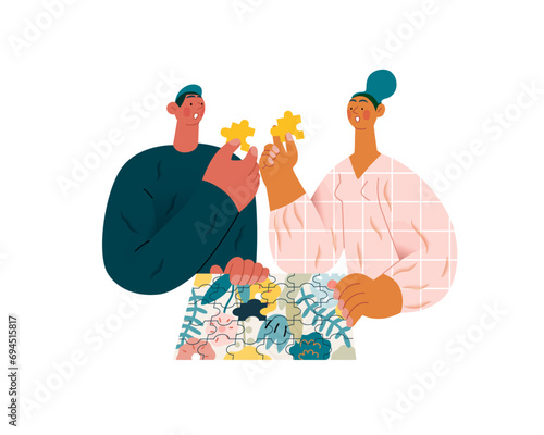 Valentine: Unexpected Match -modern flat vector concept illustration of a couple with duplicate puzzle pieces, a twist in their completion. Metaphor for life's surprising coincidences in relationships