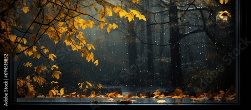 Autumn rain falling on tree-filled window.