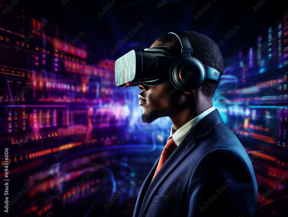 A Person Wearing A Virtual Reality Headset With Financial Graphs Around Illustrating Immersive Financial Analysis A Person Wearing A Virtual Reality Headset With Financial Graphs Around Illustrating Immersive Financial Analysis