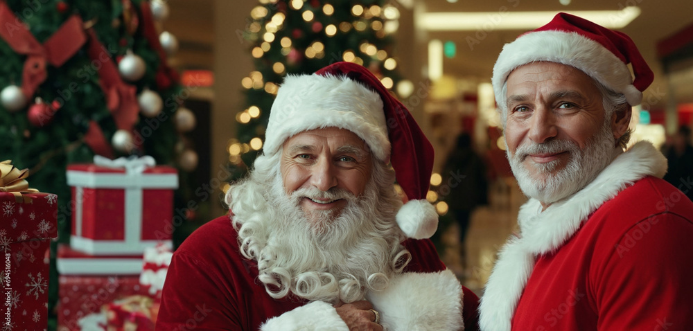 Santa Claus with red Santa Claus costume and bobble hat, long white beard, in the shopping center or large shoppign mall, for handing out gifts or shopping for Christmas presents Santa Claus with red Santa Claus costume and bobble hat, long white beard, in the shopping center or large shoppign mall, for handing out gifts or shopping for Christmas presents