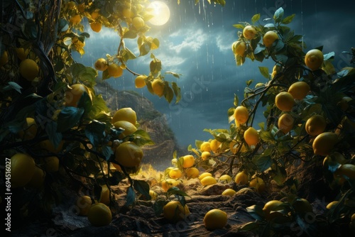 Serene Lemon tree garden at sunset. Food organic. Generate Ai