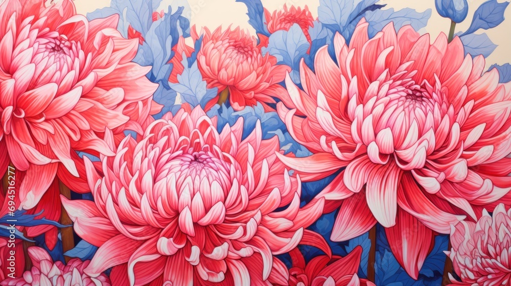  a painting of a bunch of flowers painted on a wall with red, white, and blue flowers on it.