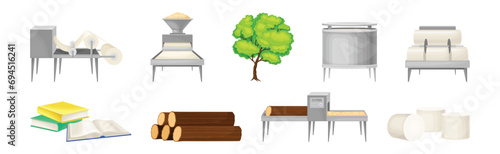 Paper Production Process and Raw Wood Manufacturing Vector Set
