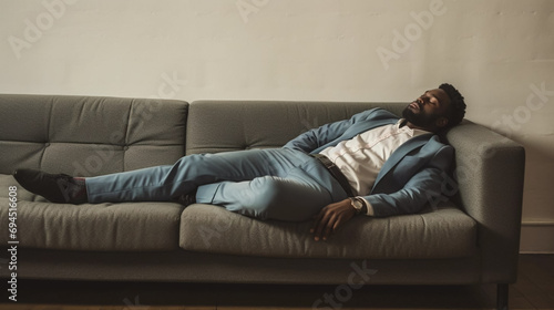 copy space, Young black man taking a nap on a pillow on background. National Napping Day. Young black man resting while tired. Peaceful scene.