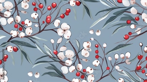  a painting of white flowers and red berries on a branch with green leaves on a blue background with a gray sky in the background.
