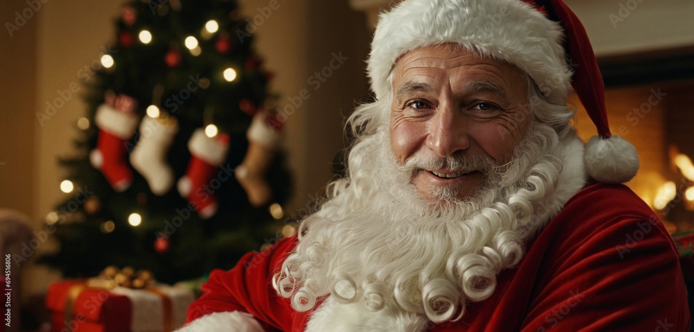 Santa Claus with a red Santa Claus costume and bobble hat, long white beard, sits in the living room to distribute gifts, Christmas with a fireplace and gifts and a Christmas tree Santa Claus with a red Santa Claus costume and bobble hat, long white beard, sits in the living room to distribute gifts, Christmas with a fireplace and gifts and a Christmas tree