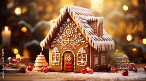  a close up of a gingerbread house on a table with christmas decorations and a lit christmas tree in the background.