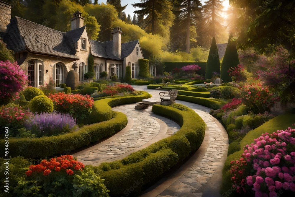 An expansive luxury estate featuring a perfectly manicured garden with vibrant flowers and a charming stone pathway.