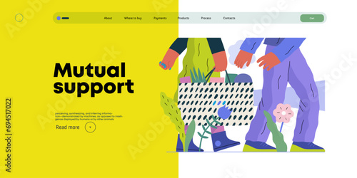 Mutual Support: Helping carry a heavy bag -modern flat vector concept illustration of a woman carrying shopping bag being assisted by man. Metaphor of voluntary, collaborative exchanges of services