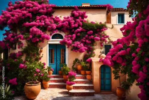 A Mediterranean-style villa with terracotta roofs and vibrant bougainvillea climbing along the exterior walls.
