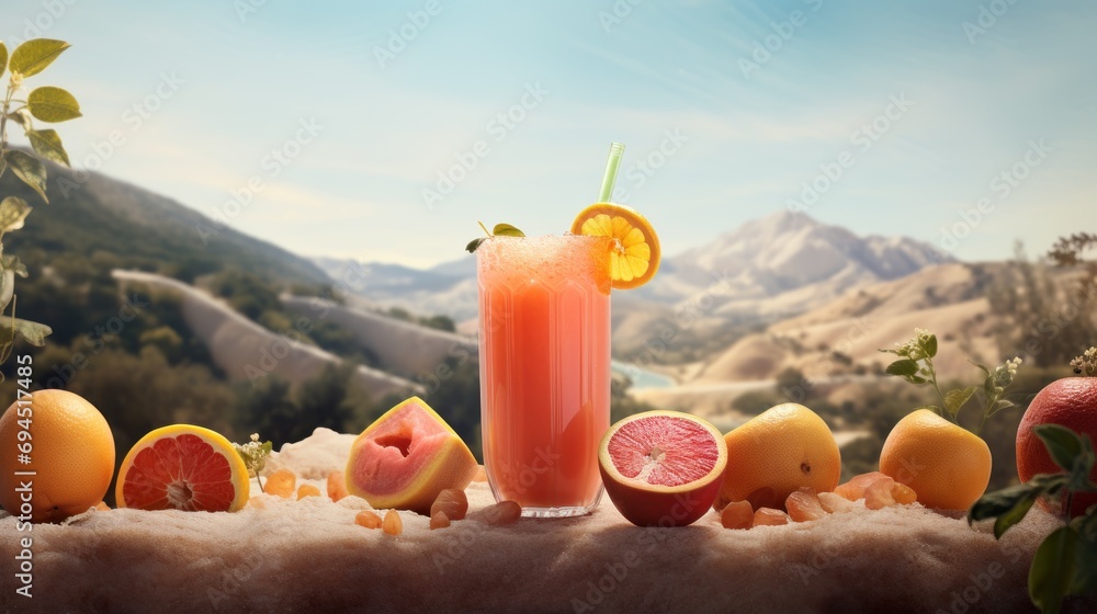  a grapefruit, orange, and grapefruit drink on a table surrounded by grapefruits and grapefruits. - obrazy, fototapety, plakaty 