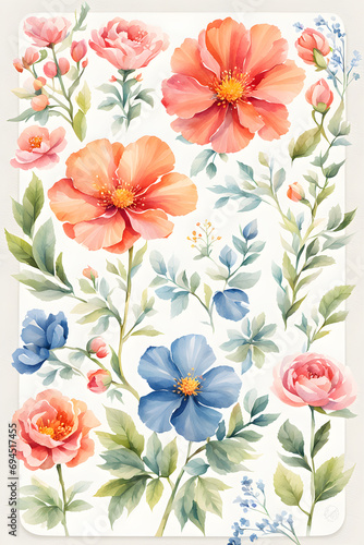Whimsical Blooms: Cute Flowers in Watercolor Wonderland. watercolor illustration. generative AI