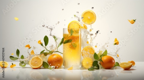  a glass of orange juice with a splash of water on top of it and oranges and leaves surrounding it.