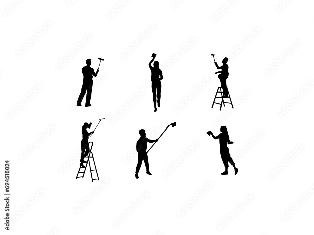 Set of Window Washing Silhouette in various poses isolated on white background