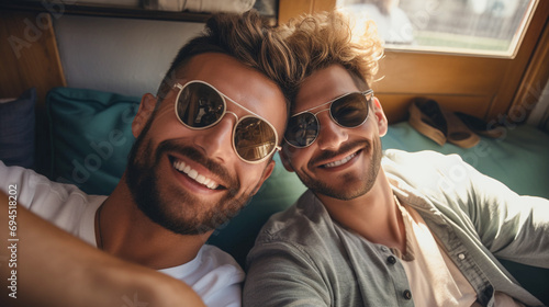 Gay couple posing for selfie.