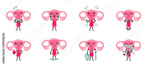 Cute cartoon uterus characters various emotions. Female reproductive organ, gynecology problems and health. Neoteric vector period icons design