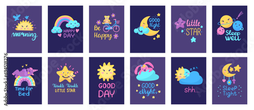 Cute baby good night posters. Sweet sleepy cards design, banners with doodle stars, sun, clouds and moon. Cartoon childish neoteric vector backgrounds