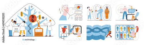 Bio Technology -modern flat vector concept illustration of improving aspects of healthcare, agriculture, environmental sustainability, industrial processes. Metaphor of bridging Science and Nature