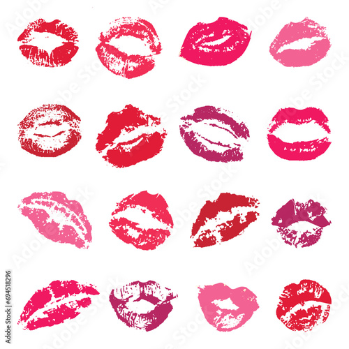 Lipstick kisses. Isolated red female kiss  grunge elements design. Woman lips stamps  romantic love relationships elements  neoteric vector set