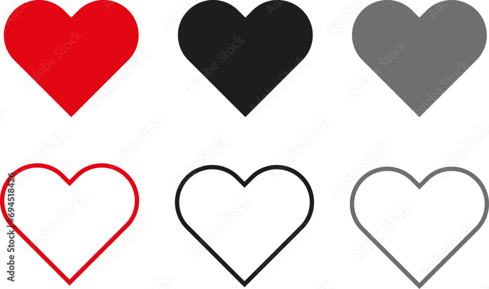 Heart sign. Love icon set. Fill and transparent background. Red black and gray color. Simple vector illustrations. Heart sign. Love icon set. Fill and transparent background. Red black and gray color. Simple vector illustrations.