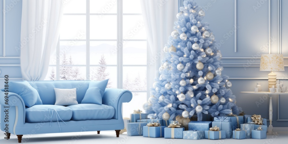 Blue-decorated Christmas tree with presents in living room.