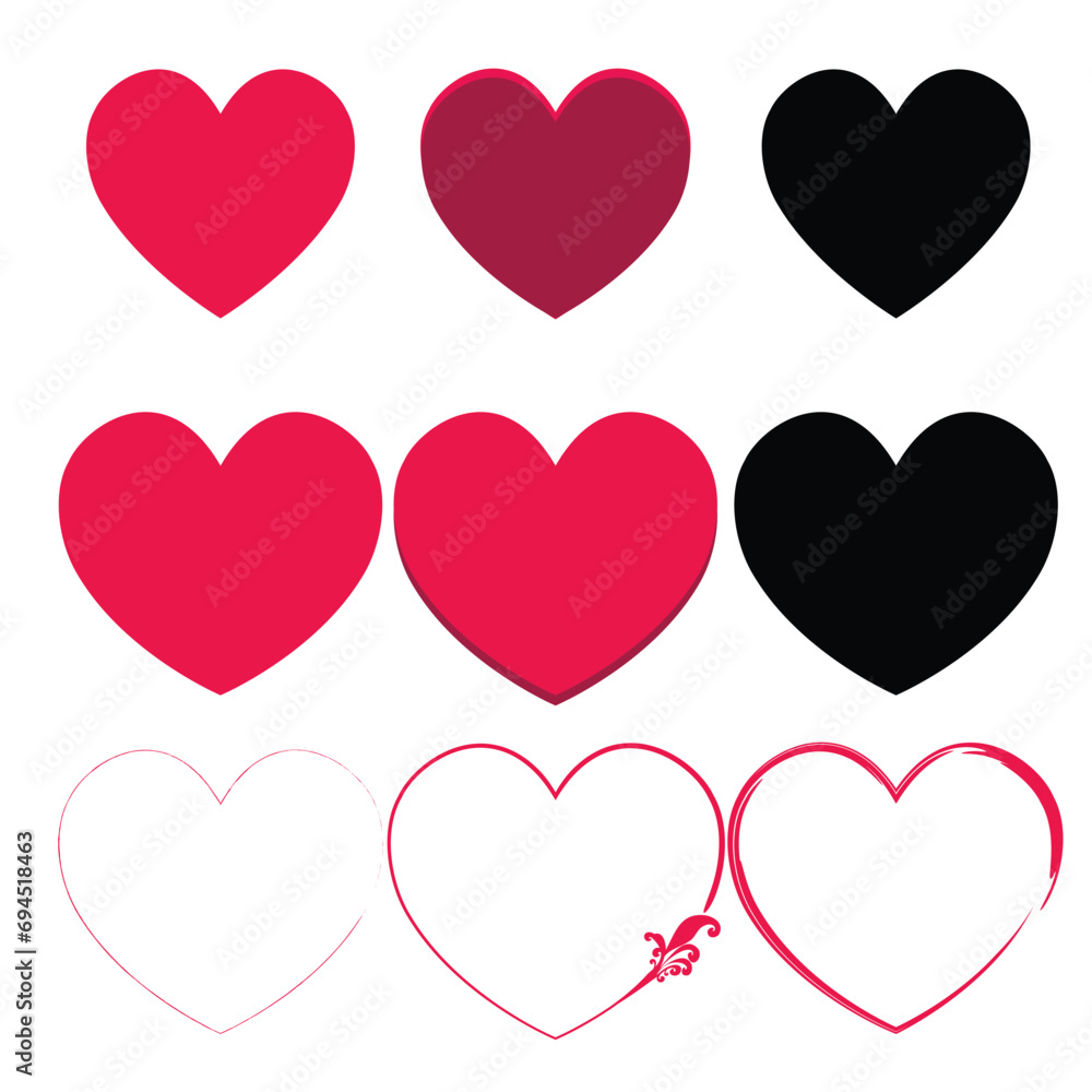 set of hearts on white different colors and variations vector illustration isolated