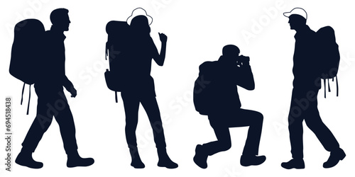 Male and female hiker or Hiking in mountains silhouettes vector