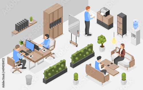Coworking isometric open office. Managers and clients, business people working and communication. Corporate culture, flawless vector scene