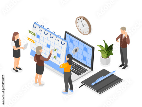 Isometric online planning. Business plan and schedule, office team managed work calendar. Corporate time management, flawless vector scene
