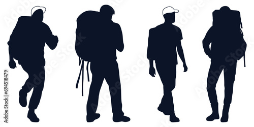Male and female hiker or Hiking in mountains silhouettes vector