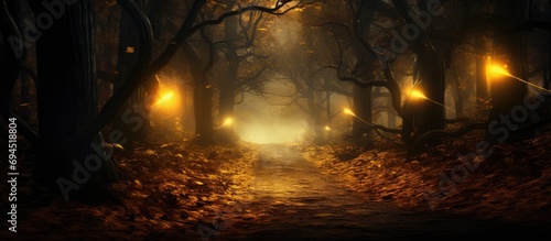 Autumnal road in a dark forest illuminated by a gentle glow.