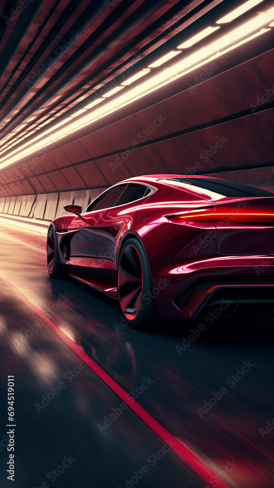 A glossy wine red super-sport car, cruising through a dark, urban tunnel with soft lighting