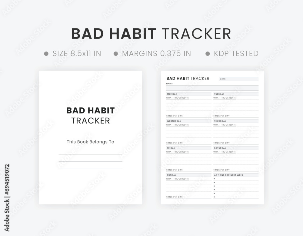 Minimal Bad Habit Tracker Printable With White Background and Black Text - obrazy, fototapety, plakaty 